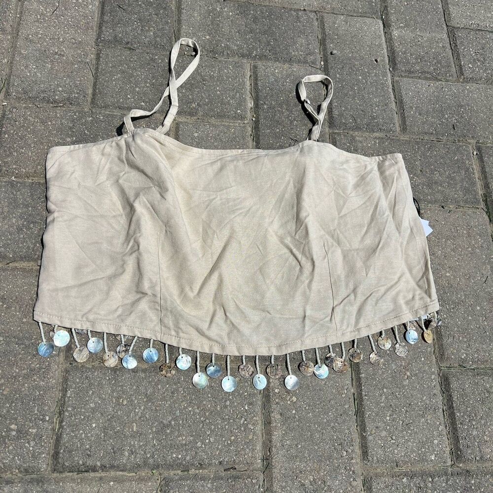 JASON WU Mother Of Pearl Beaded Sea Shell Linen Rayon Crop Top Only NWT Size 10 - Picture 1 of 10